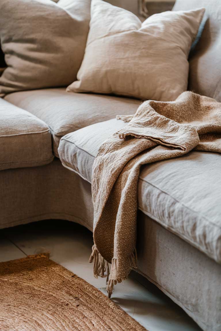 A close-up of a linen sofa with organic cotton pillows and a wool throw draped over it. In the foreground, a corner of a jute rug is visible. The textiles showcase various natural textures in neutral, earthy tones.