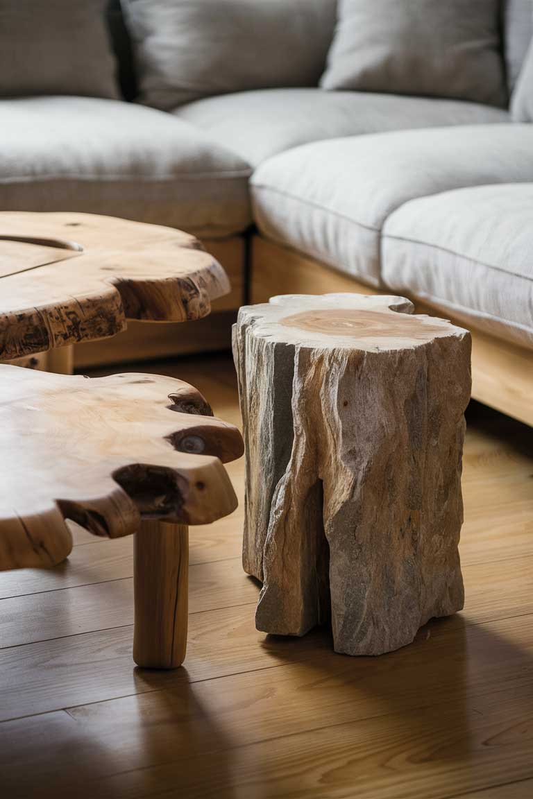 A close-up of a living room centered around a unique coffee table. The table is made of a single slab of natural wood with organic, live edges. Next to it is a small side table made of a rough-hewn stone block. These natural elements contrast beautifully with the smooth wooden floor and soft linen sofa visible in the background.