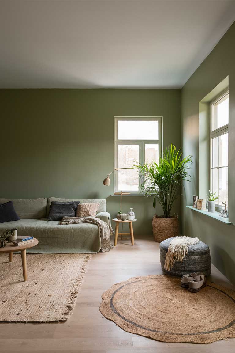 An open-plan sage green living room with two distinct areas: a main seating area defined by a large neutral rug, and a small reading nook in the corner marked by a round jute rug.