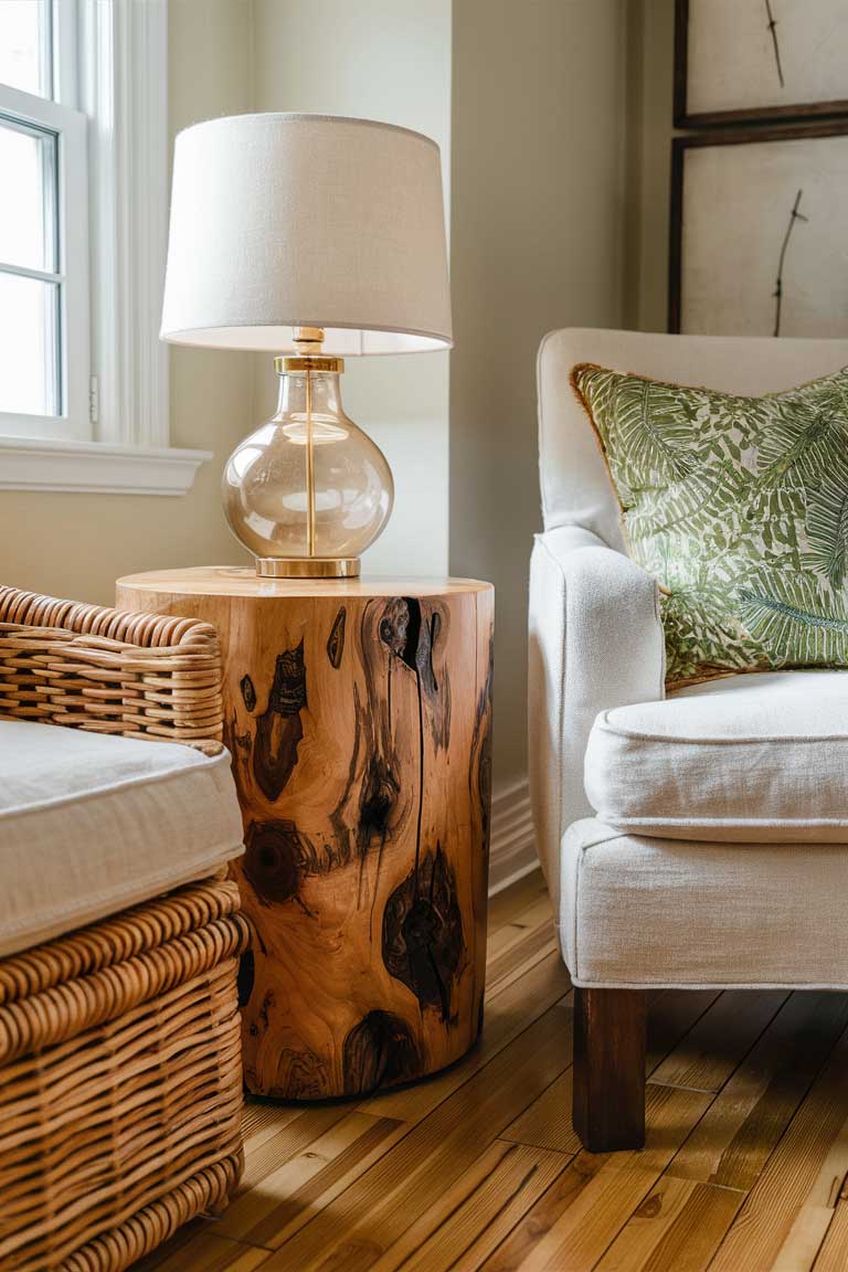 A close-up of a living room corner showcasing eco-friendly materials. A side table made from FSC-certified wood with a natural oil finish stands next to a chair upholstered in organic, undyed linen. On the table, a lamp with a base made from recycled glass adds a touch of eco-conscious style. The floor features bamboo planks, known for their sustainability.