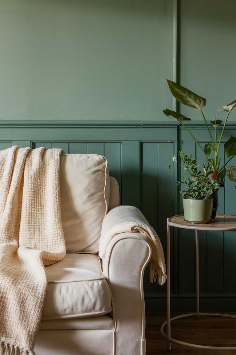 A close-up of a living room corner featuring a sage green wall and a cream-colored armchair.