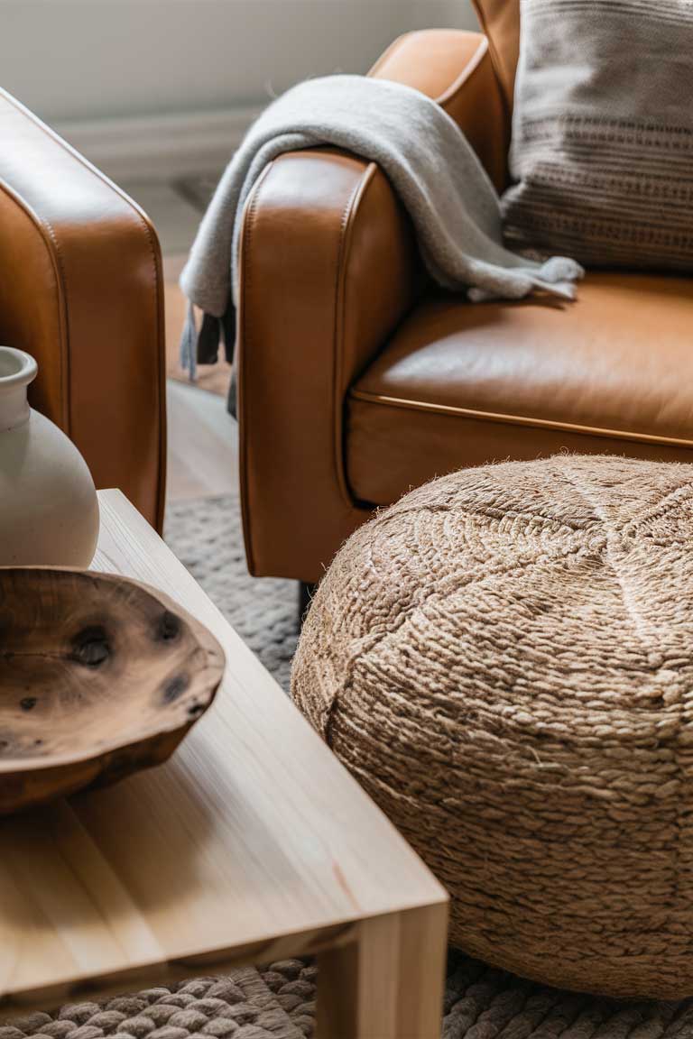 A close-up of a living room seating area showcasing various textures. A smooth leather armchair sits next to a rough jute pouf. On the wooden coffee table, a smooth ceramic vase contrasts with a rough-hewn wooden bowl. A soft wool throw is draped over the chair, adding another layer of texture.