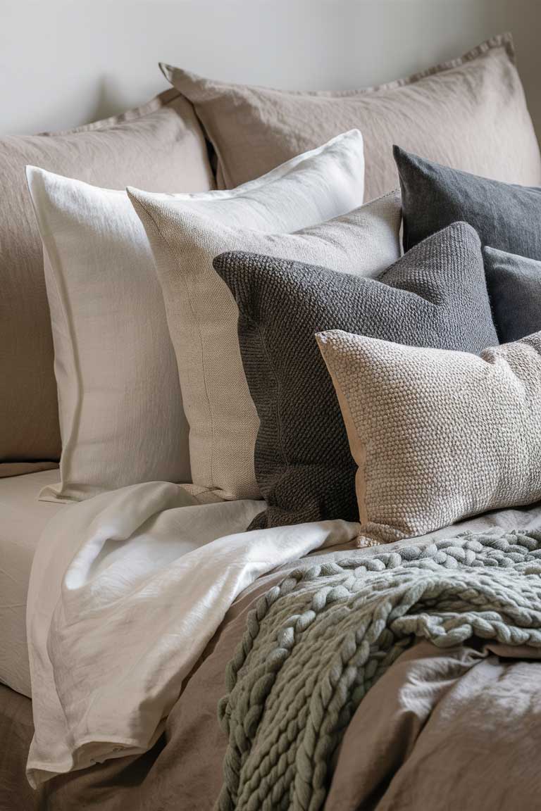 A close-up of a perfectly made bed with layers of textiles. Crisp white organic cotton sheets peek out from under a rumpled linen duvet in a soft beige color. Several pillows in varying shades of white and grey are artfully arranged, and a chunky knit throw in pale green is draped across the foot of the bed.