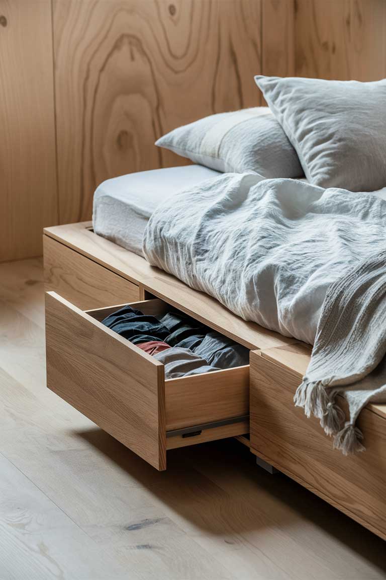 A close-up of a minimalist bed frame with built-in drawers. The frame is made of light wood and features clean, simple lines. One drawer is partially open, revealing neatly organized clothing inside. The bedding is crisp and white, maintaining the minimalist aesthetic.