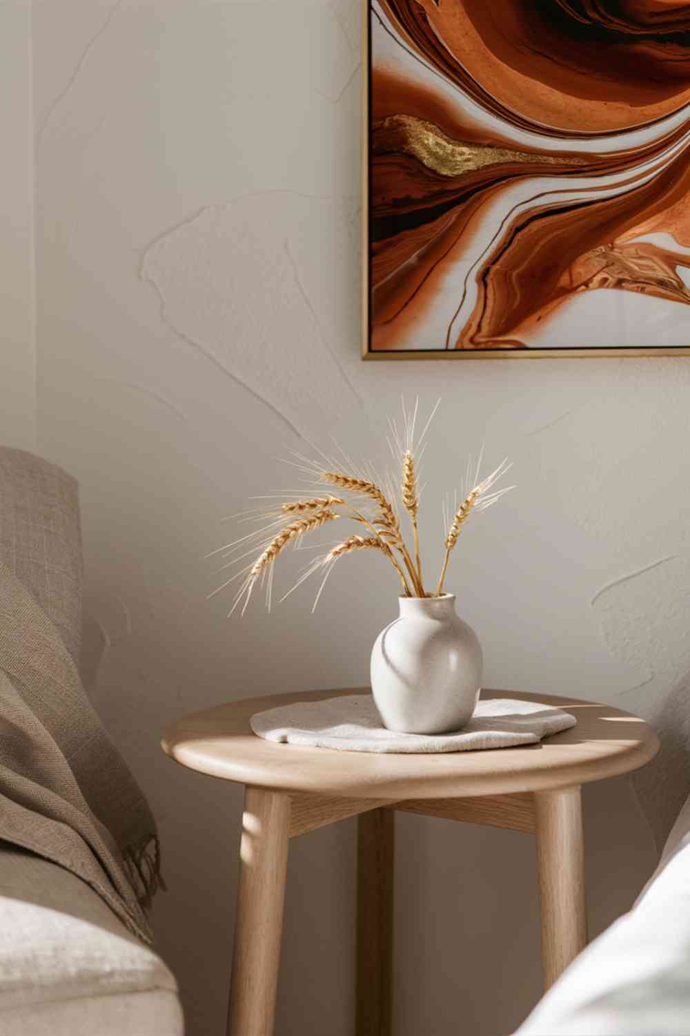 A close-up of a minimalist bedroom corner featuring a sleek wooden side table. On the table, there's a small, white ceramic vase holding a few stems of wheat. Above the table hangs a simple, modern frame containing an abstract artwork with swirls of deep orange and gold. The wall is a soft, warm white, creating a perfect backdrop for the autumnal accents.