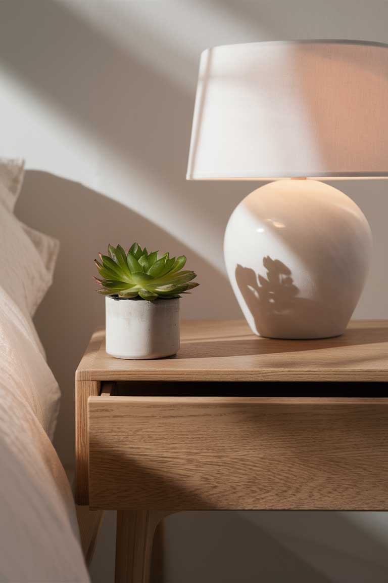 A close-up of a bedside table with a clean, uncluttered surface. The table features a single ceramic lamp and a small plant. A built-in drawer provides hidden storage for personal items, maintaining the minimalist look of the surface.