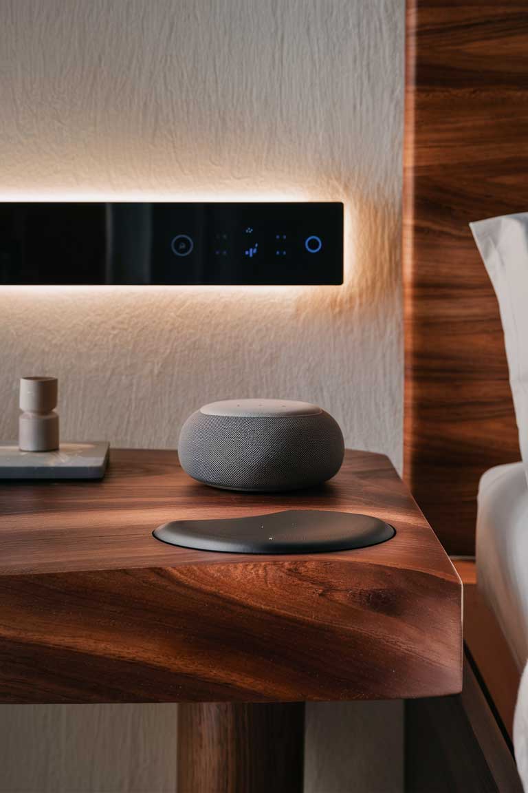 A close-up of a minimalist bedside table with integrated technology. The table features a built-in wireless charging pad on its surface, barely visible against the wood grain. A small, sleek smart speaker sits on the table, blending in with the minimalist aesthetic. The wall above has a subtle touch panel for controlling room temperature and lighting.