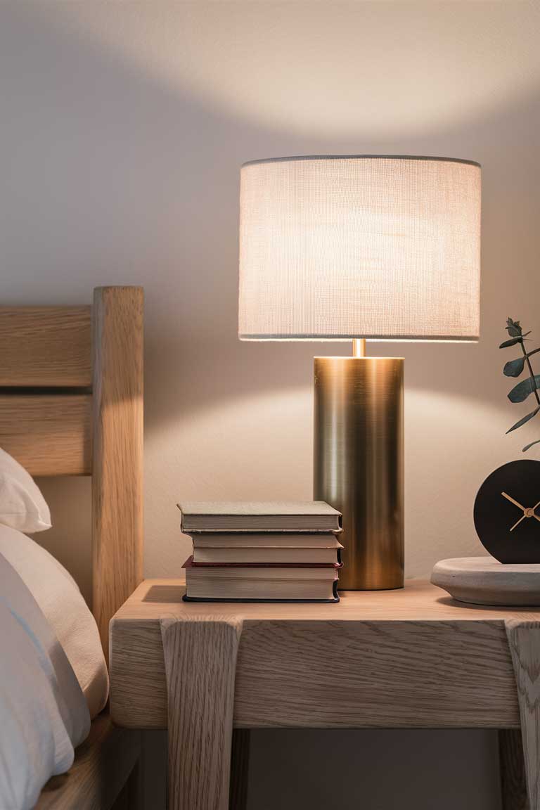 A close-up of a minimalist bedside table with a sleek, modern lamp emitting a warm glow. The lamp has a simple cylindrical base and a plain white shade. On the table, there's a small stack of books and a minimalist clock, showcasing how even functional items can contribute to the overall aesthetic.