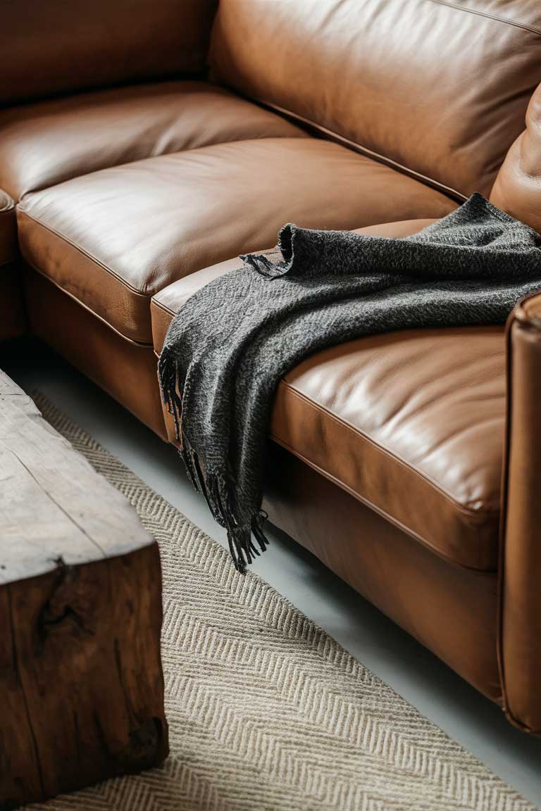 A close-up of a minimalist living room seating area showcasing various textures.