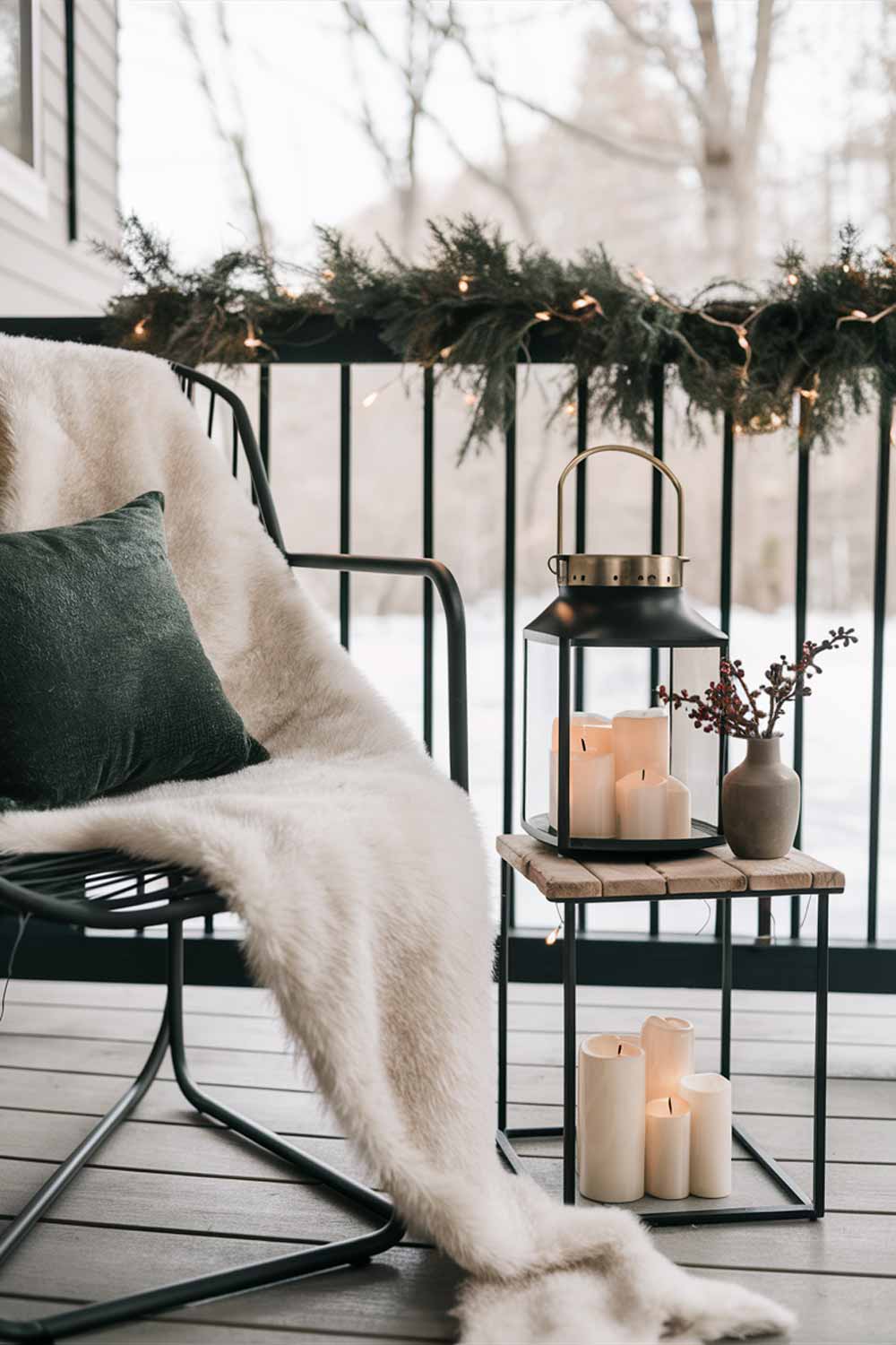 A close-up of a minimalist porch seating area transitioning to winter. A modern metal chair holds a plush white sheepskin throw and a small pillow in deep forest green. Nearby, a sleek black lantern holds a group of battery-operated candles, casting a warm glow. A simple garland of pine branches with integrated warm white lights drapes along the porch railing in the background.