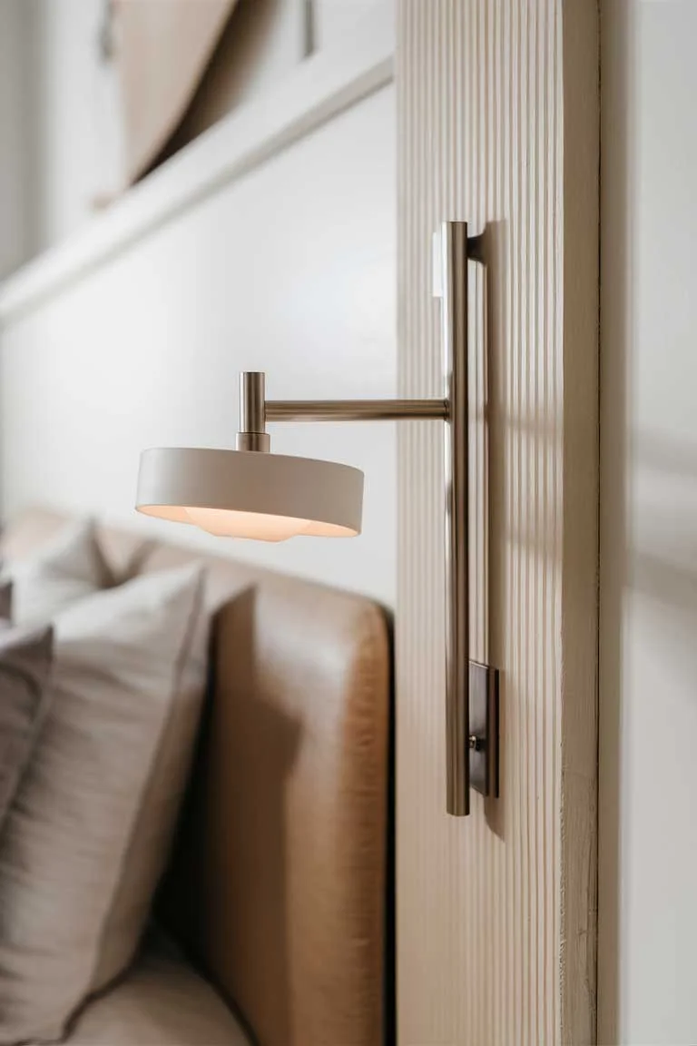 A close-up of a minimalist wall-mounted sconce next to a bed. The sconce has a slim arm that can be adjusted, with a small, round shade in white. The fixture is mounted on a pale wooden panel that adds warmth to the white wall.