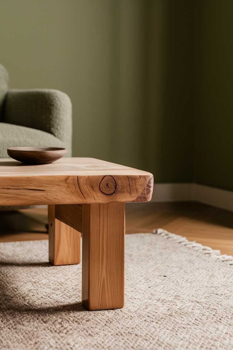 A close-up of a minimalist wooden coffee table with visible wood grain, placed on a neutral rug against a sage green wall background.