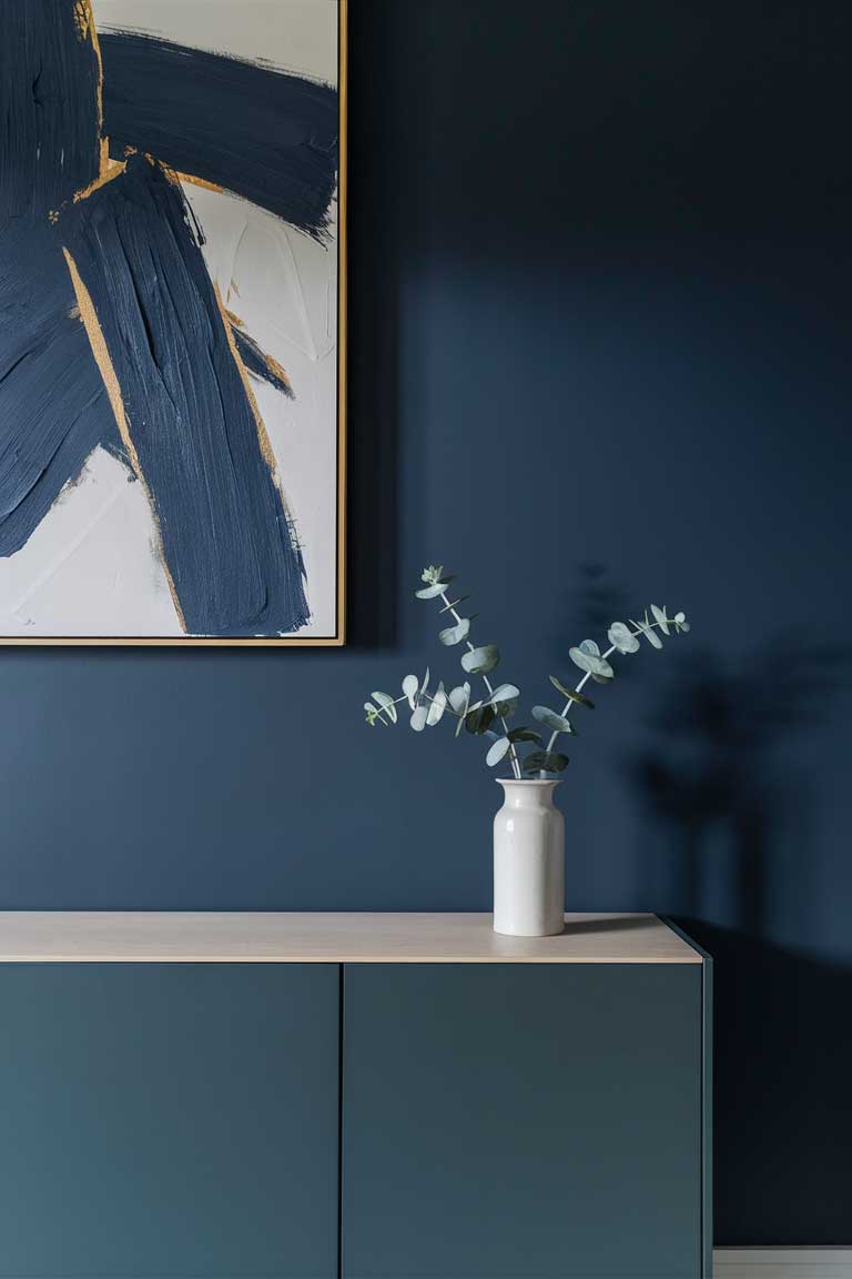 A close-up of a navy blue wall in a minimalist living room. A large, abstract painting hangs on the wall, featuring bold brushstrokes in navy blue, white, and touches of gold. Below the painting, a slim console table in light wood holds a single white ceramic vase with a few stems of eucalyptus. The image showcases how minimalist art and decor can complement a navy blue color scheme.