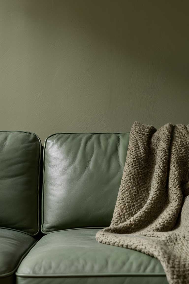 A close-up of a sage green leather sofa with a textured wool throw blanket in a slightly different shade of green.