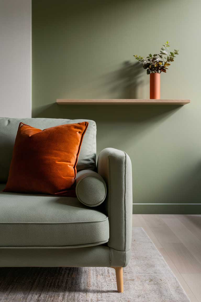 A close-up of a sage green sofa with a single burnt orange throw pillow.