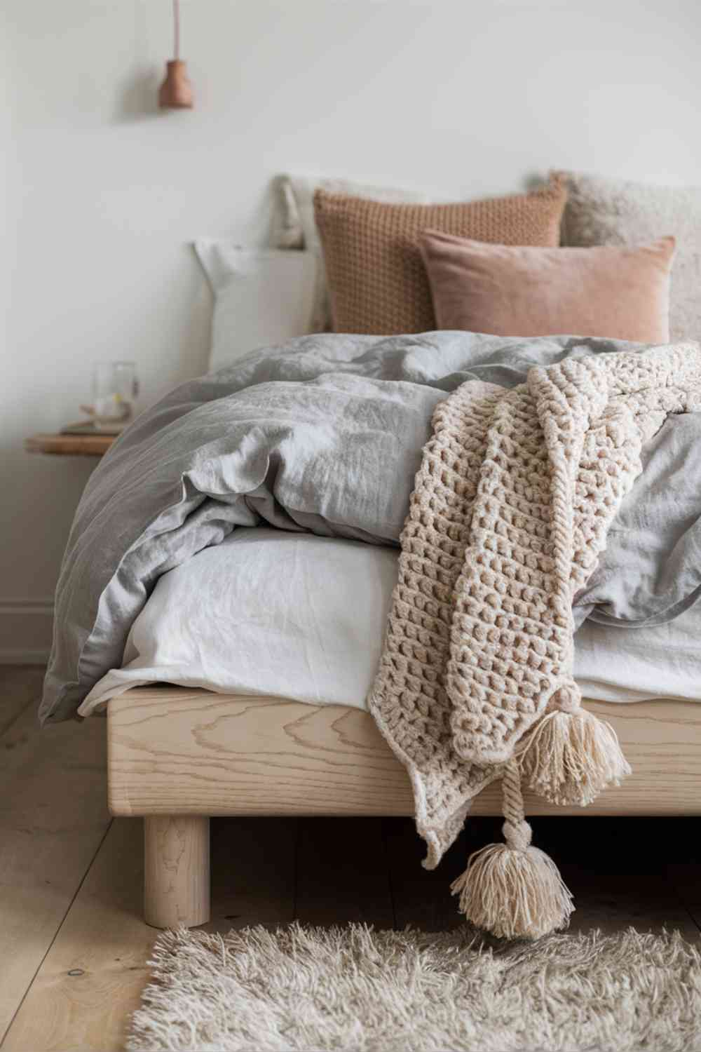 A close-up of a Scandinavian minimalist bed that exudes warmth and comfort through its layers of texture. The bed base is crafted from light, natural wood with a subtle grain that adds character. Crisp white linen sheets peek out from under a soft, gray duvet, which has a slightly rumpled look for an inviting, lived-in feel. Draped casually across the foot of the bed is a chunky knit throw in a warm cream color, with oversized tassels that add a playful touch. Several pillows in varying textures - smooth linen, nubby wool, and soft velvet - are thoughtfully arranged at the head of the bed, with one pillow in a soft blush tone to add a hint of warmth. A plush, high-pile rug in a soft ivory color is visible on the floor beside the bed, with a corner slightly curled up, adding to the cozy, relaxed atmosphere. Soft, ambient lighting casts a gentle glow, highlighting the textures and creating a tranquil, inviting space perfect for unwinding.