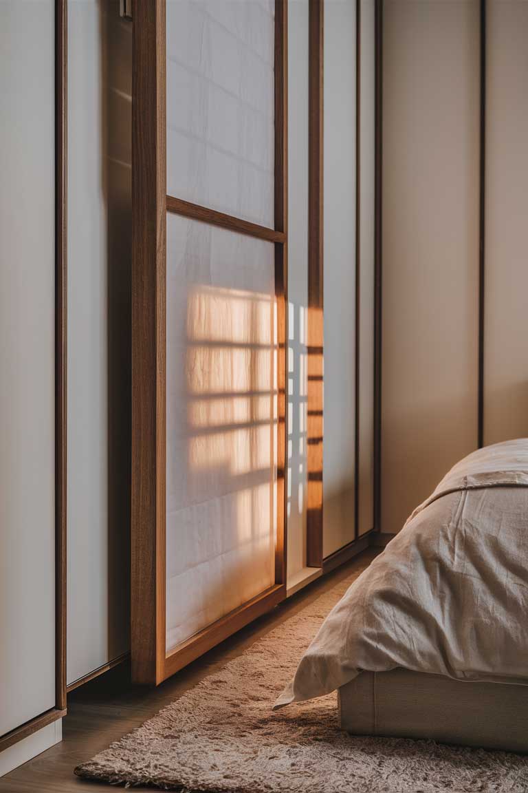 A detailed shot of a sliding paper door with a wooden frame, partially open. The paper is translucent, allowing soft light to filter through. The door slides into a recessed track in the wall, maximizing the usable space in the room.