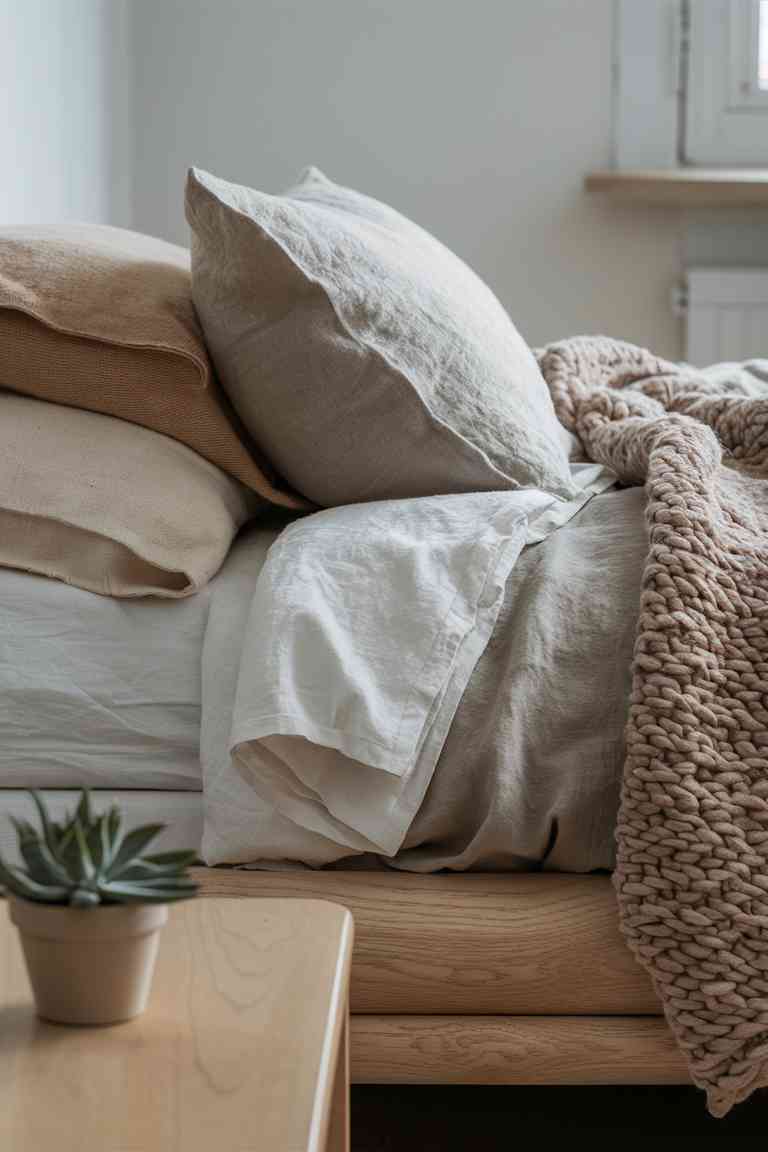 A close-up of a Japandi-style bed with layered textiles. The bed features a light wood frame with a linen duvet cover in a soft oatmeal color. White cotton sheets peek out from underneath, while a chunky knit throw in a slightly darker beige is draped across the foot of the bed. A few linen pillowcases in varying neutral tones complete the look. In the foreground, a corner of the nightstand is visible with a small potted succulent, tying in the plant theme.