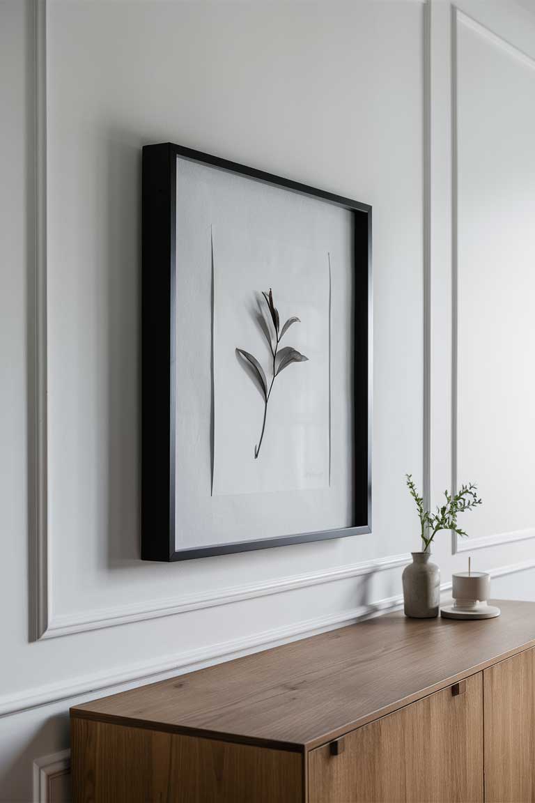 A close-up of a simple black frame on a white wall, containing a minimalist black and white print of a single leaf. The print is positioned above a low wooden sideboard, creating a focal point without cluttering the wall.