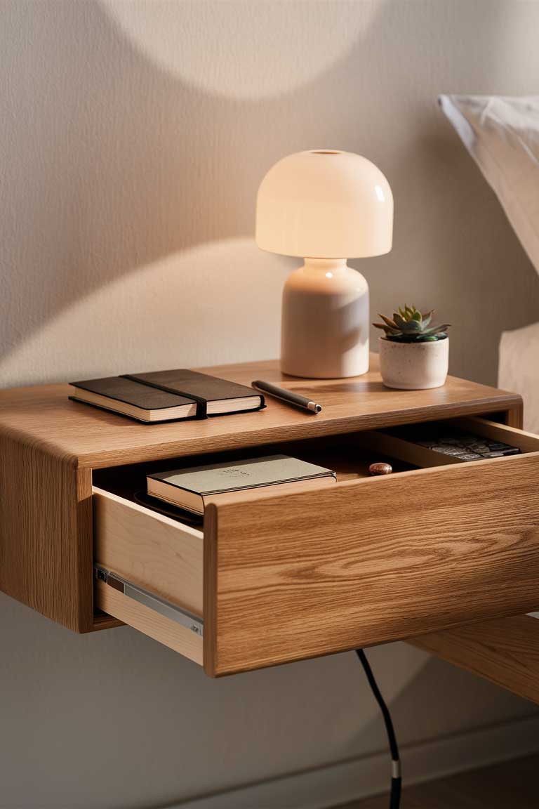 A close-up of a wooden bedside table floating on the wall. It features a hidden drawer that's partially open, revealing neatly organized items inside. A simple ceramic lamp and a small potted succulent sit on top.