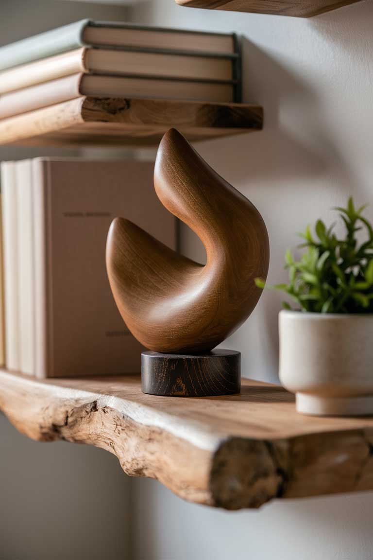 A close-up of a small, abstract wooden sculpture sitting on a floating shelf. The sculpture has smooth, curved lines and a natural finish that highlights the wood grain. It's positioned next to a small stack of books with neutral-colored spines, creating a balanced and intentional display.