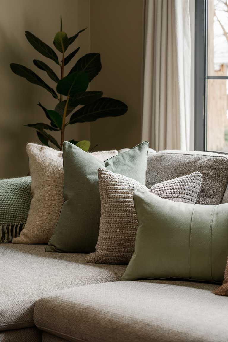 A close-up of a sofa corner showing an arrangement of throw pillows in different shades and textures of sage green.