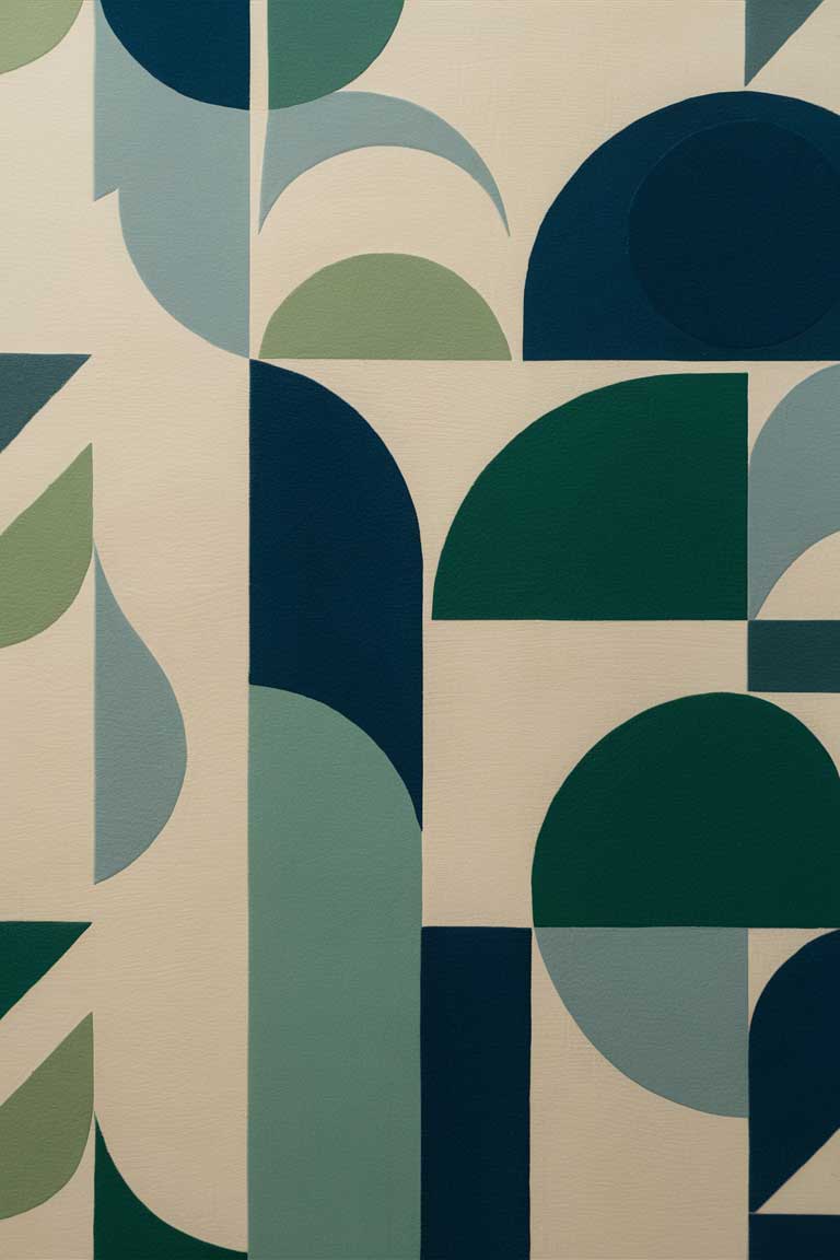 A close-up of a subtle, minimalist wallpaper featuring geometric patterns in various shades of blue and green on a light background.