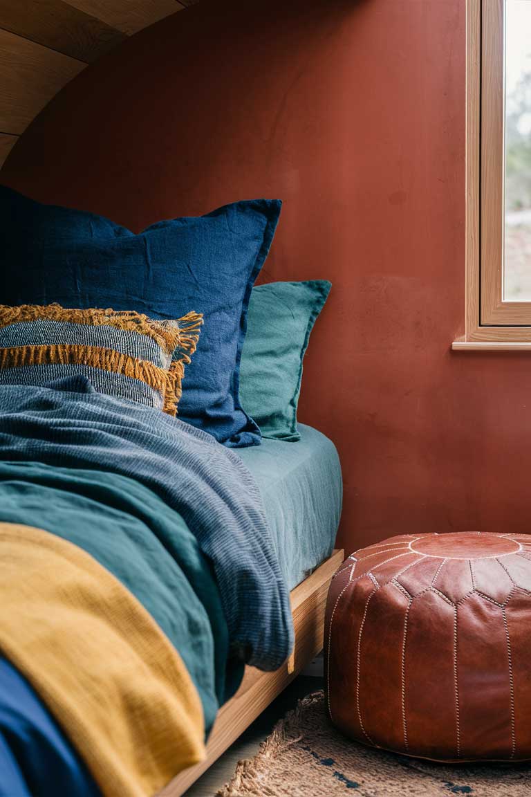 A close-up of a tiny house bedroom corner featuring a bed with layers of bedding in deep blue, forest green, and mustard yellow. The wall is painted in a warm terracotta color, and there's a brown leather pouf next to the bed, showcasing the vibrant and earthy boho color palette.