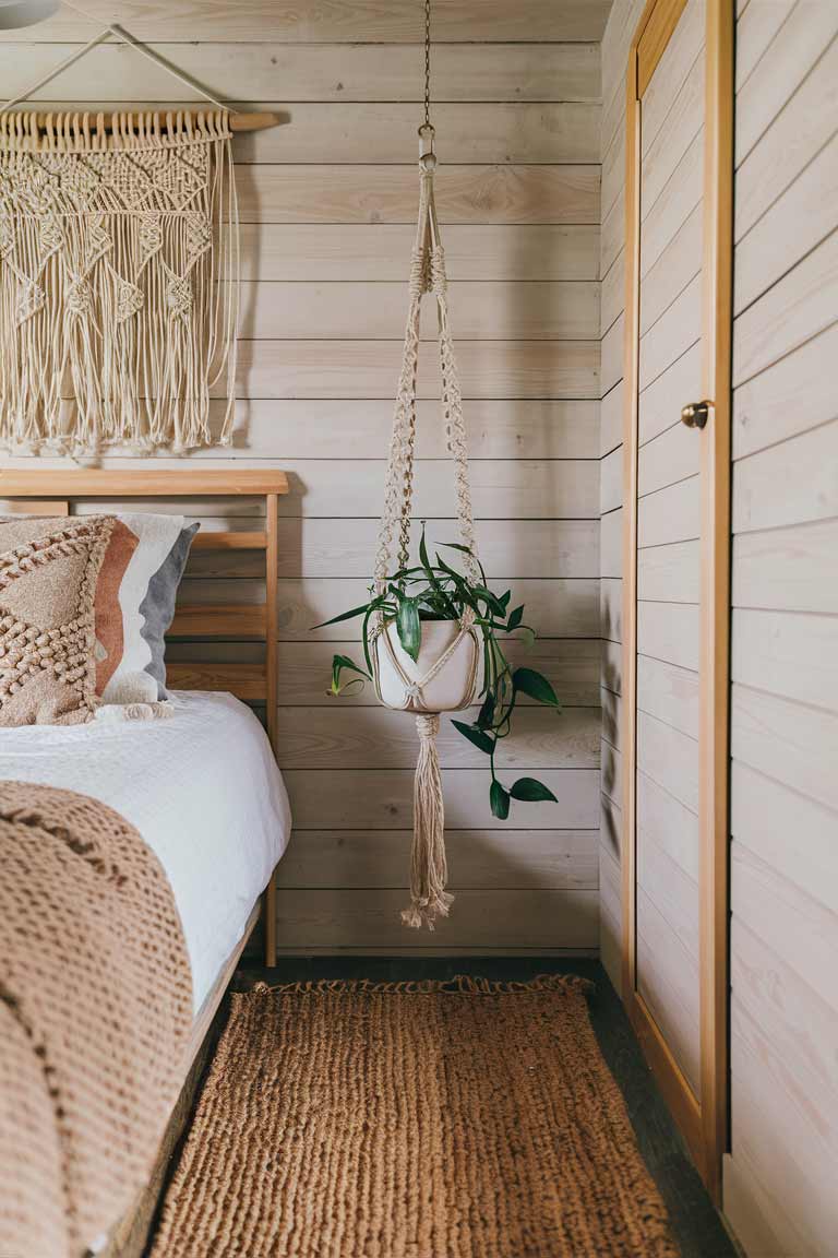 A close-up of a tiny house bedroom floor and wall, showing a textured jute rug, a macramé wall hanging above a wooden headboard, and a macramé plant holder hanging from the ceiling with a trailing plant.