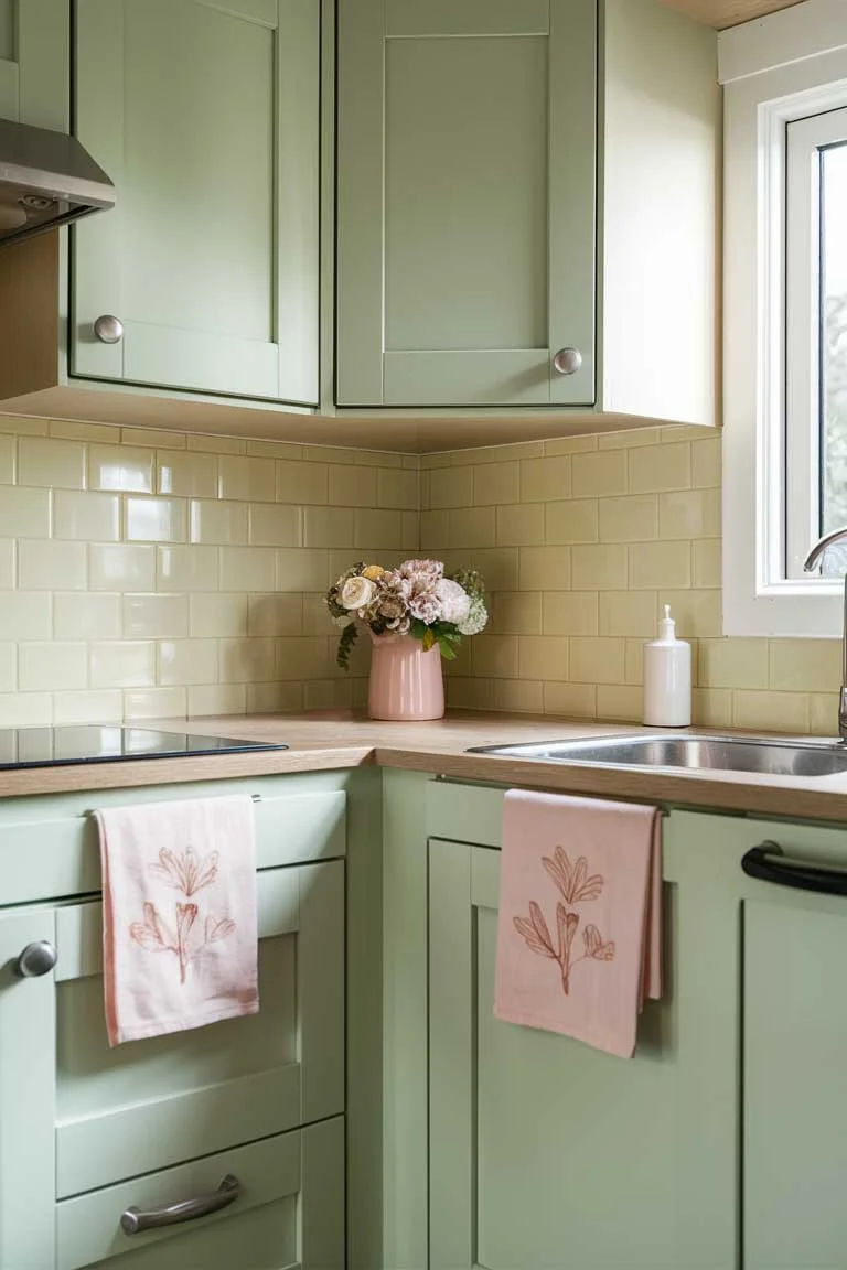 A close-up of a tiny house kitchen corner featuring mint green cabinets, a pale yellow backsplash, and blush pink accents in the form of tea towels and a small vase of flowers.