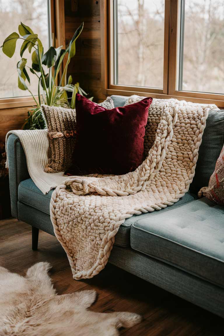 A close-up of a tiny house living area sofa layered with various textures. A velvet throw pillow in deep burgundy, a chunky knit afghan in cream, and a corner of a fluffy sheepskin rug on the floor.