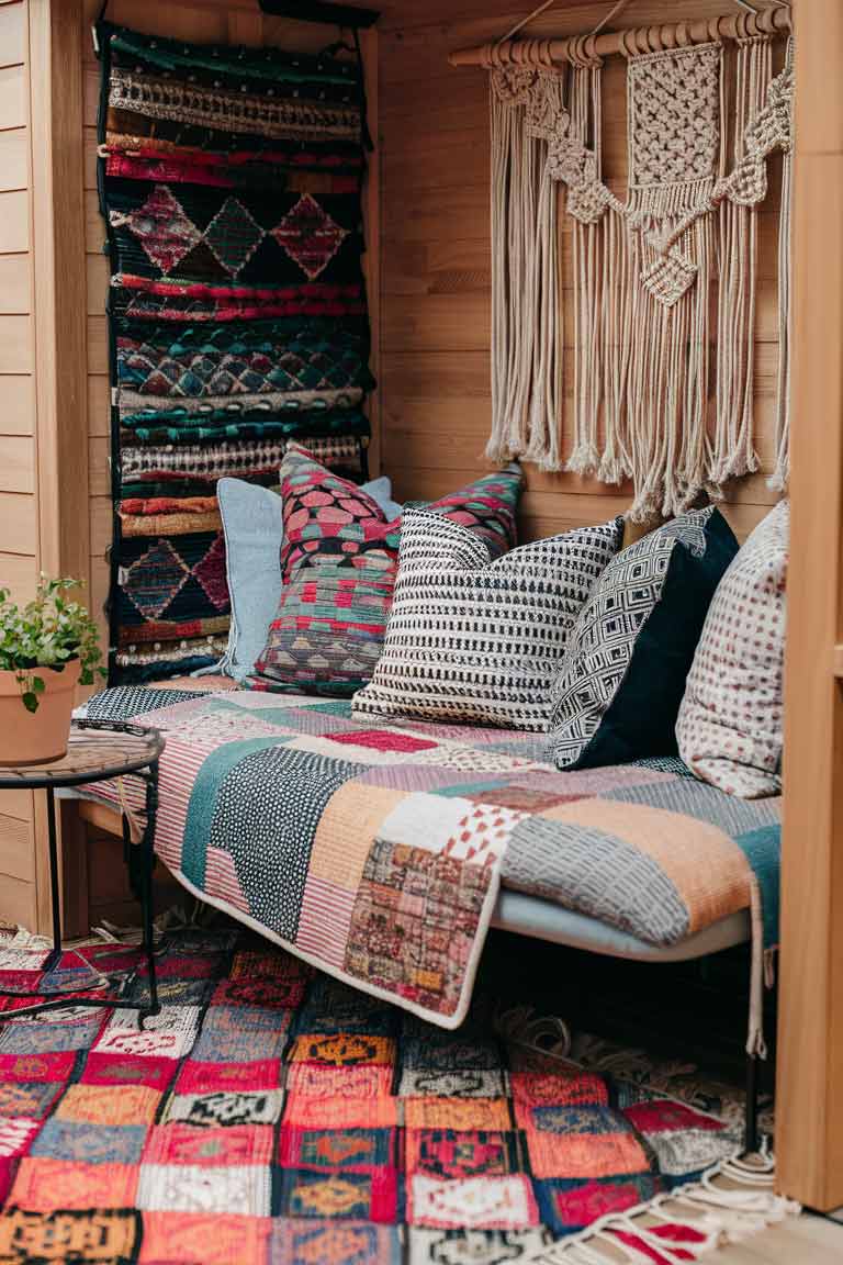 A close-up of a tiny house seating area showcasing a mix of patterns and textures. A colorful Moroccan-style rug covers the floor, while a macramé wall hanging adorns the wall behind a small sofa. The sofa is dressed with a patchwork quilt and an assortment of patterned throw pillows. A small side table holds a potted plant, adding another layer of texture to the scene.