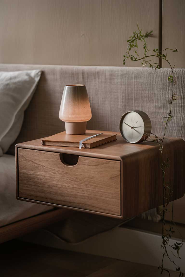 A close-up of a wall-mounted nightstand in a minimalist bedroom. The nightstand is a simple wooden shelf with a hidden drawer underneath. On top, there's a small lamp, a book, and a minimalist analog clock. The wall behind is painted in a soft, neutral color.