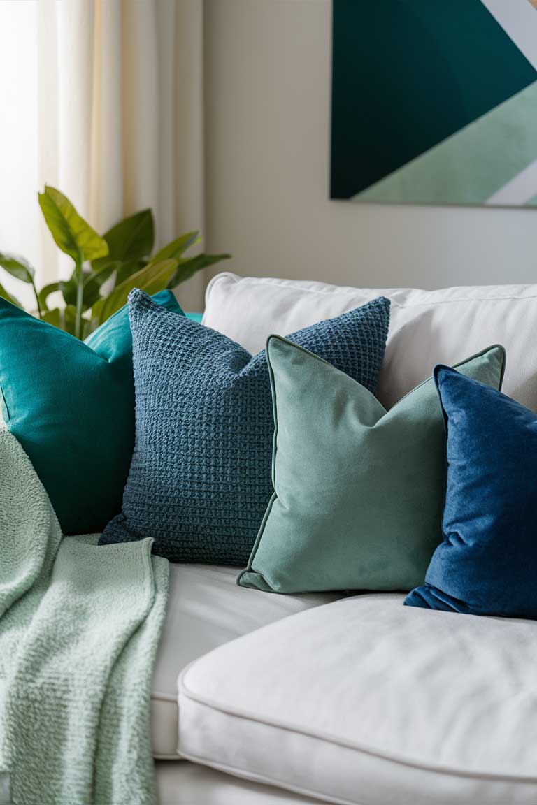 A close-up of a white couch with an assortment of throw pillows in various shades of blue and green, along with a soft mint green throw blanket.