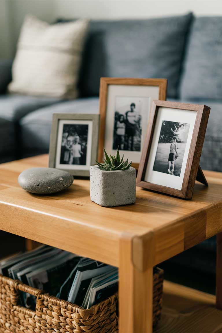 A close-up of a wooden side table in a living room. On the table, there's an arrangement of items showcasing natural materials: a few framed black and white photographs in simple wooden frames, a small concrete planter with a succulent, and a smooth river stone used as a paperweight. A woven basket sits underneath the table, holding magazines.