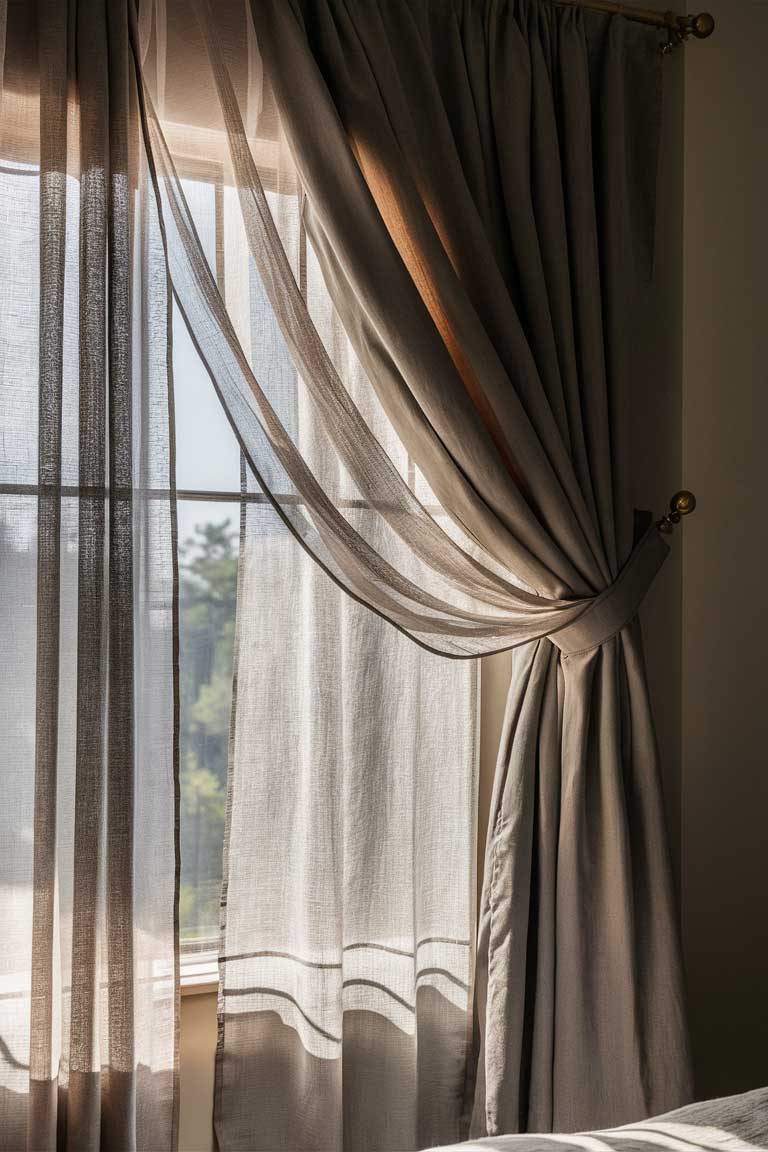 A close-up of layered window treatments in a japandi bedroom. The inner layer is a sheer linen curtain in pale grey, while the outer layer is a heavier textured weave in a deeper taupe color. The curtains are partially open, showing how they can be adjusted for light control.