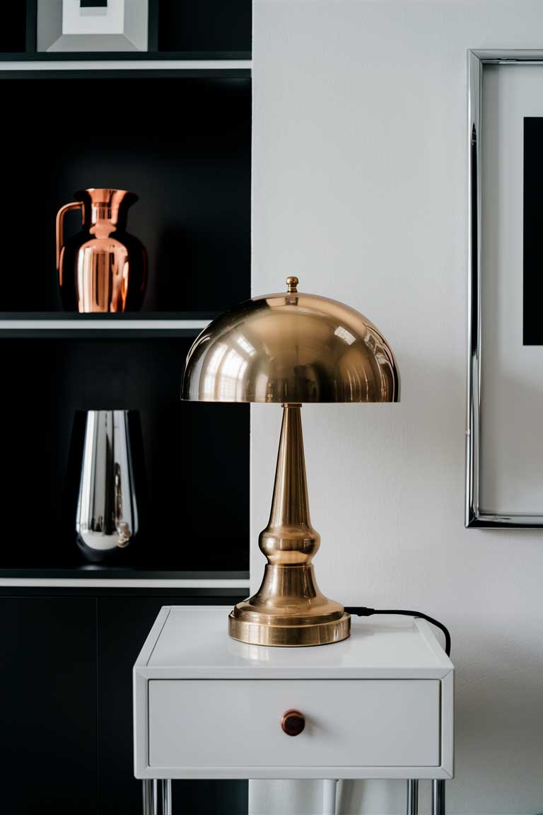 A close-up of metalic accents in a black and white living room.