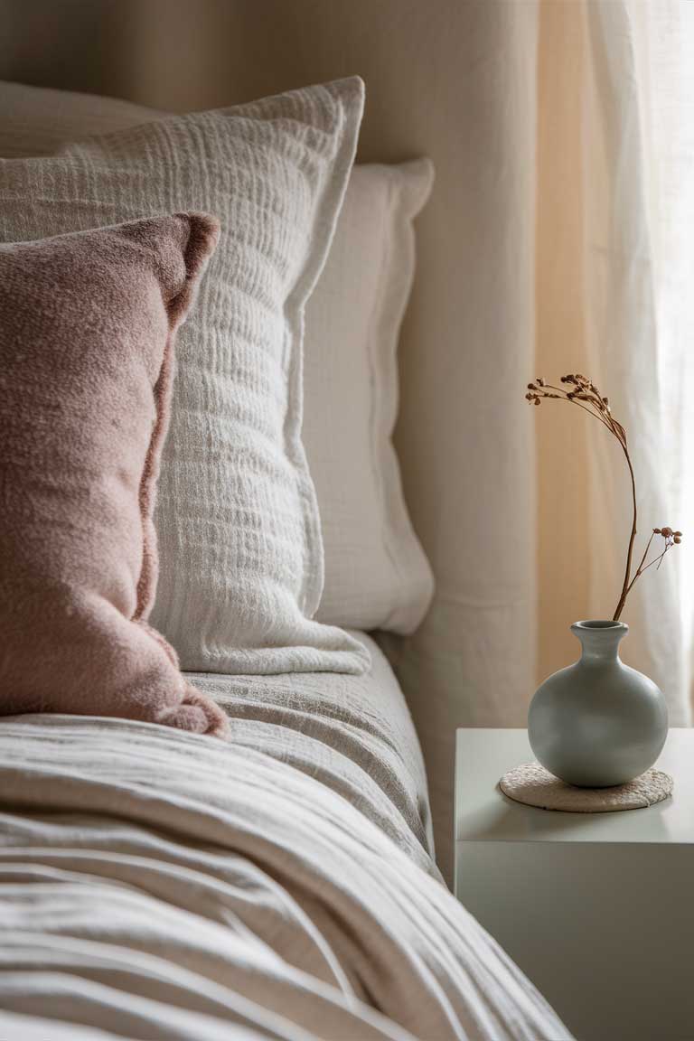 A close-up of the corner of a bed with predominantly white and beige bedding. A single throw pillow in a muted blush pink sits in front, and on the nightstand next to the bed is a small, pale blue ceramic vase with a single stem of dried flowers.