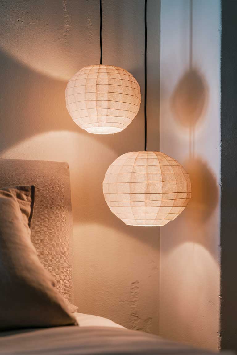 A close-up of two round paper pendant lights hanging at different heights next to a bed. The lights emit a warm, soft glow, casting gentle shadows on the nearby pale walls. The simplicity of the lights' design complements the minimalist aesthetic of the room.