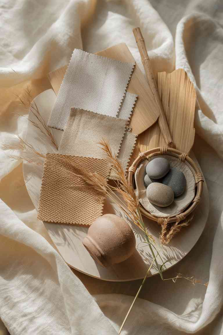 A close-up of various Japandi-inspired materials arranged on a light wooden surface. The image includes swatches of linen fabric in neutral tones, a piece of light oak wood, a small bamboo tray, and a ceramic pot with a rough, natural texture. Soft, diffused lighting highlights the natural textures and warm tones of the materials.