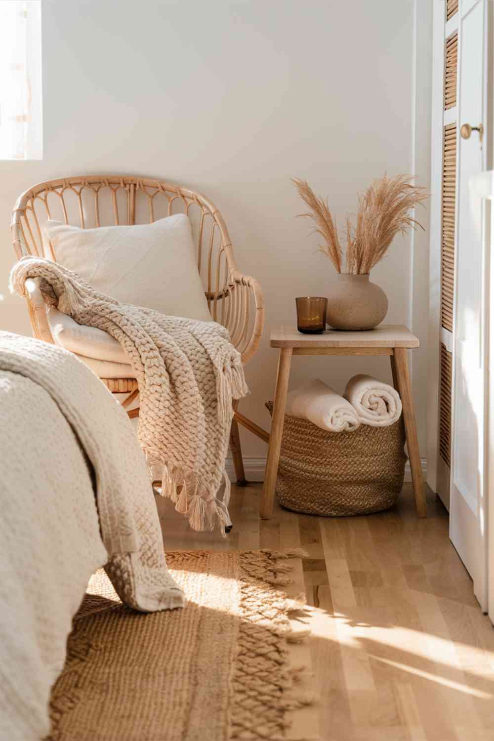 A close-up shot of a minimalist boho bedroom corner featuring a rattan accent chair with a cream cushion. Next to it is a simple wooden side table with a woven jute basket underneath. On the table is a ceramic vase with dried pampas grass. The flooring is light hardwood, partially covered by a natural fiber rug.