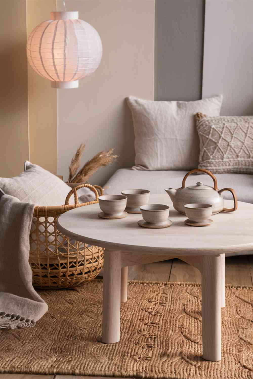 A close-up shot of a Japandi-style living space showcasing a serene and cohesive collection of decor items. The image features a light wooden coffee table with a minimalist design, adorned with a set of handcrafted ceramic tea cups and a matching teapot. Next to the table, there is a woven rattan basket filled with soft, neutral-toned textiles, such as a cozy linen throw and decorative cushions. A delicate paper lantern with a subtle texture hangs gracefully from the ceiling. The background includes a natural jute rug with a simple, geometric pattern. The overall color palette is muted, with shades of beige, soft gray, and light wood tones, emphasizing the natural and calming essence of Japandi style.