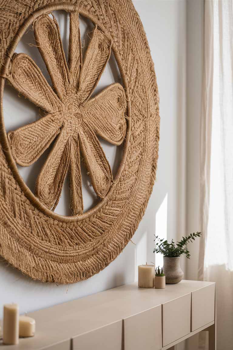 A detailed shot of a large, circular wall hanging made from woven jute in a simple, geometric pattern. The natural color of the jute complements the pale wood furniture below it and adds warmth and texture to the otherwise smooth, white wall.