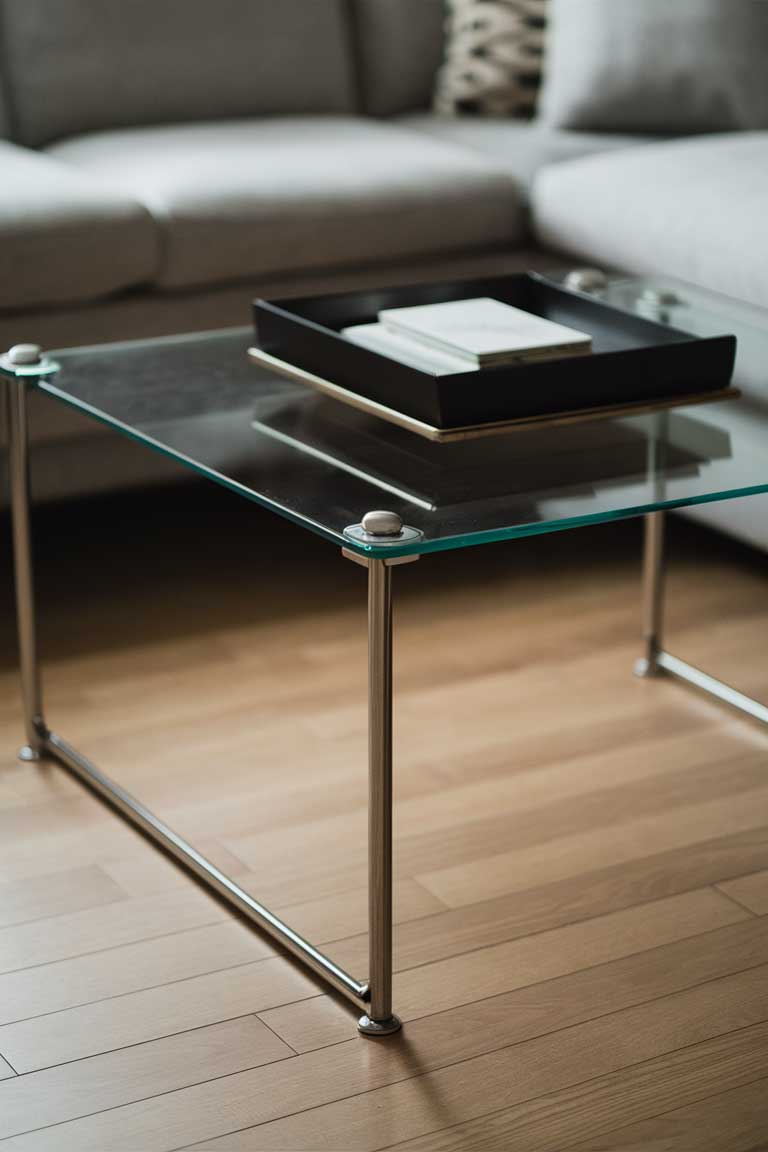 A close-up shot of a minimalist living room centered around a glass coffee table with sleek metal legs.