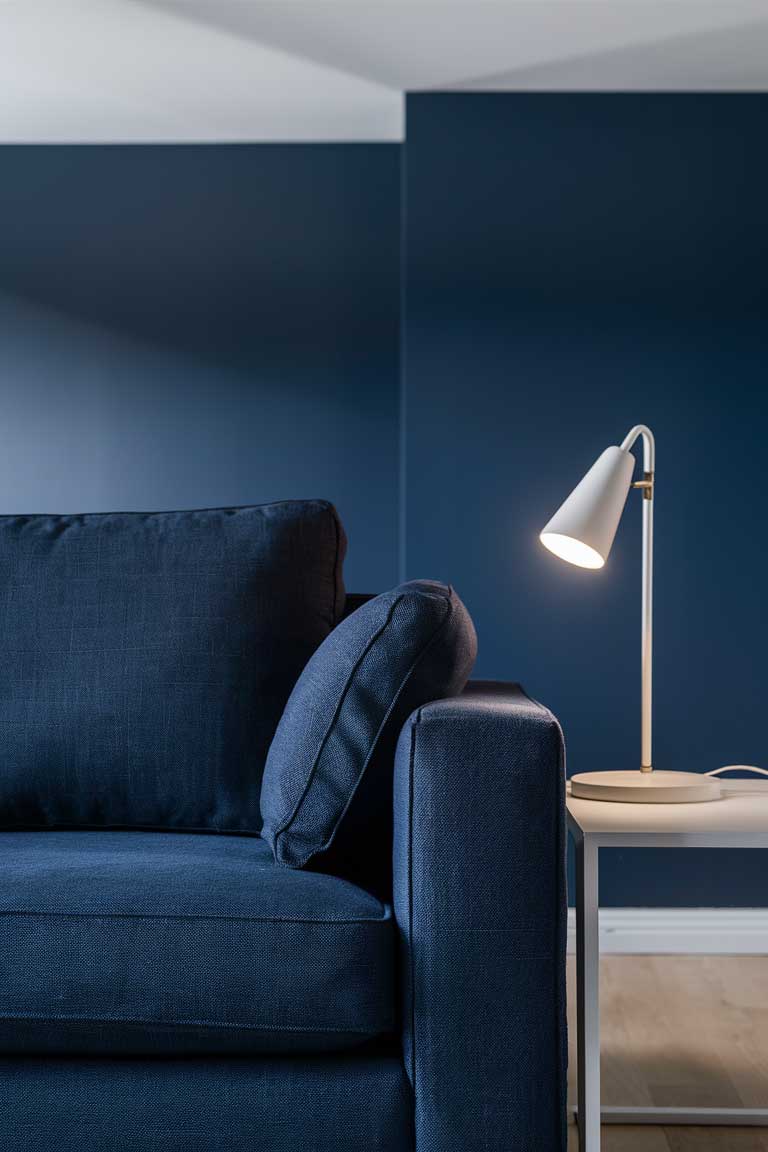 A close-up shot of a navy blue sofa in a minimalist living room. The sofa is made of a performance fabric with a subtle texture. Next to the sofa is a sleek white side table with a modern table lamp, providing focused lighting. In the background, a navy blue wall is visible, painted in a satin finish that reflects some light. The image showcases practical considerations for maintaining a navy blue living room, including durable fabrics and appropriate lighting.