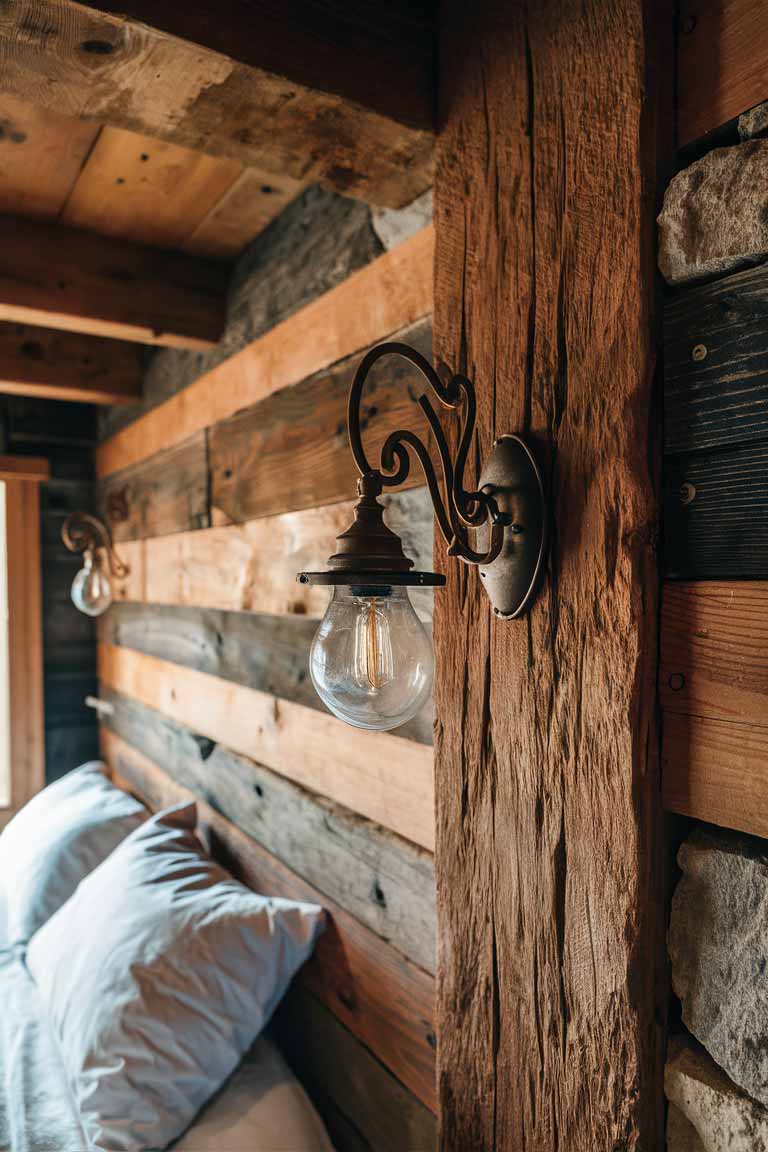 A close-up shot of a rustic tiny house bedroom wall featuring a mix of rough-hewn wooden beams, reclaimed barn wood planks, and a small section of exposed stone. A wrought iron wall sconce is mounted on the wood, casting a warm glow on the textured surface.