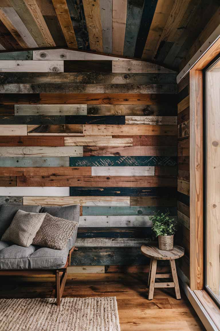 A close-up shot of a rustic tiny house interior wall featuring a mix of reclaimed wood planks in various shades, from light pine to dark walnut.