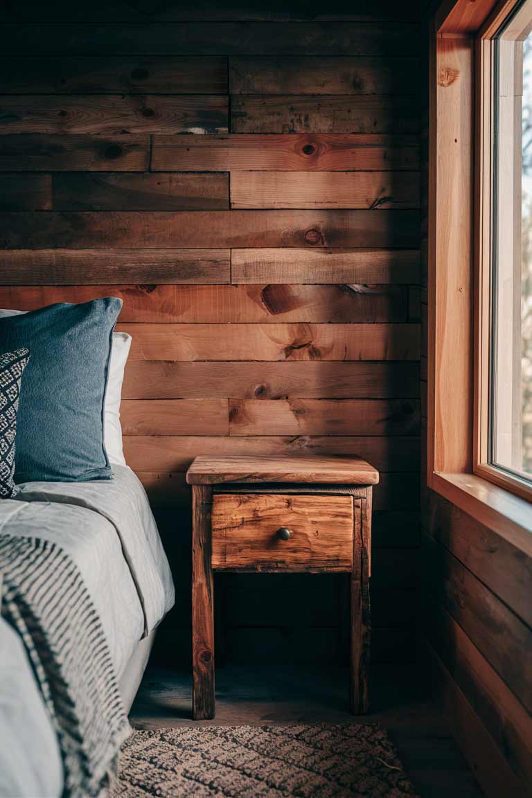 A close-up shot of a rustic wooden bedside table in a tiny house bedroom. The table shows the rich, warm tones of well-maintained wood.