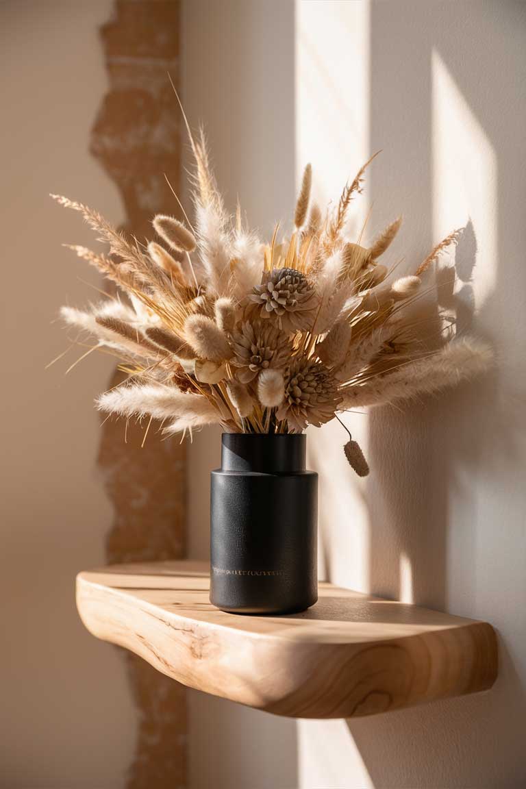 A detailed shot of a simple, cylindrical vase in matte black containing a tasteful arrangement of dried pampas grass, bunny tails, and other neutral-toned dried flowers. The arrangement sits on a pale wooden floating shelf against a warm white wall.