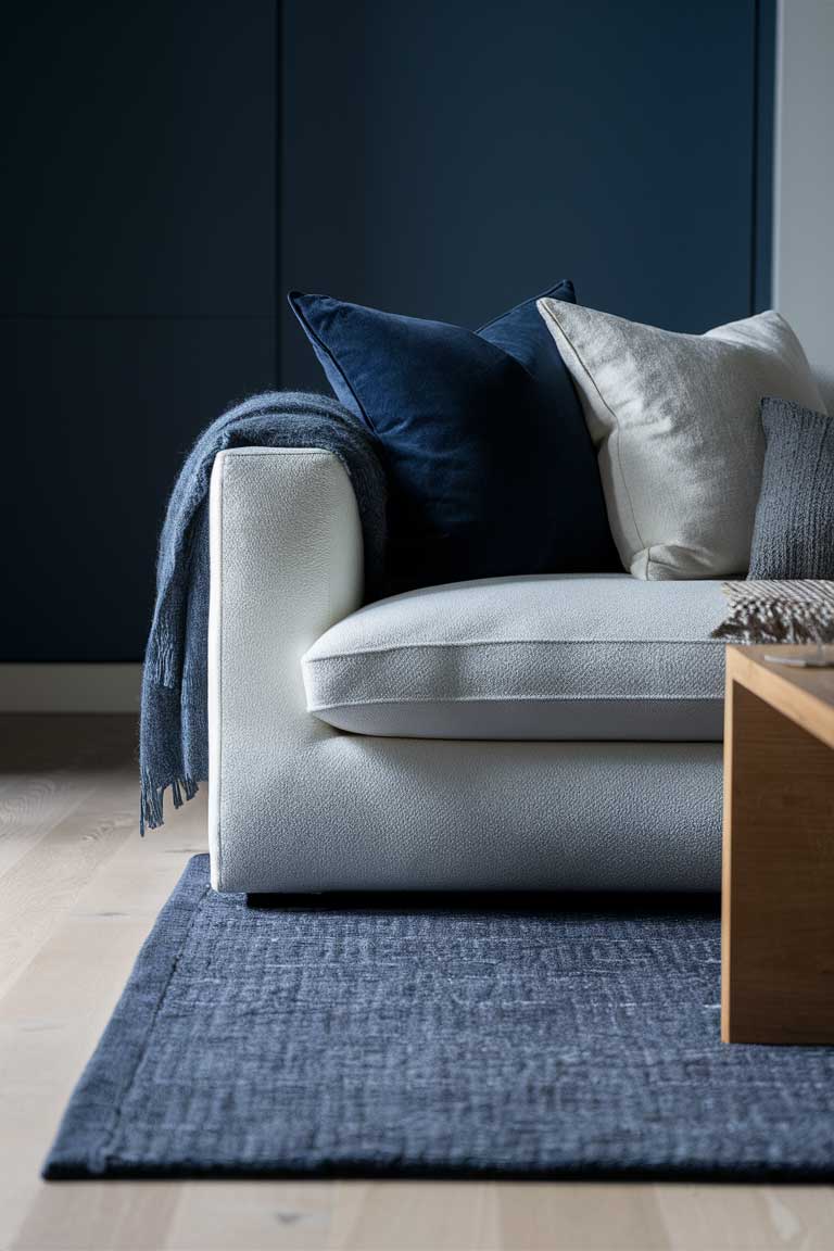 A close-up shot of a white low-profile sofa in a minimalist living room with navy blue walls. The sofa is adorned with an assortment of throw pillows in various textures - a navy blue velvet pillow, a white linen pillow, and a gray knit pillow. A soft, navy blue throw blanket is draped over one arm of the sofa. In front of the sofa, a textured navy blue area rug with a subtle geometric pattern covers the light wood floor. The image showcases the interplay of different textures and fabrics in a minimalist navy blue setting.